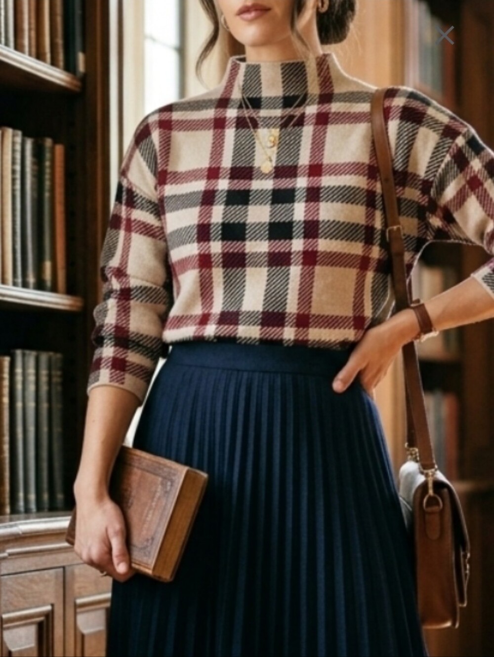 Max Studio Plaid Mock Neck Sweater M